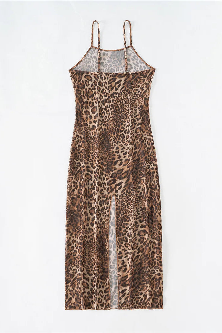 Leopard print slip dress on a white background