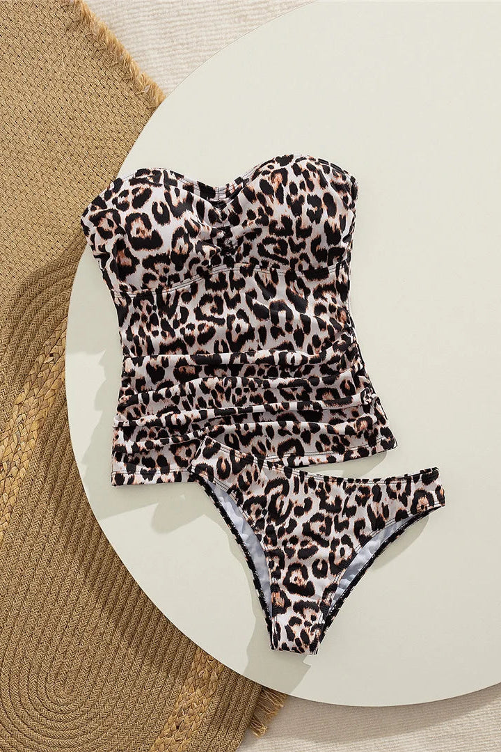Leopard print strapless padded tankini set at Dcostaa swimwears