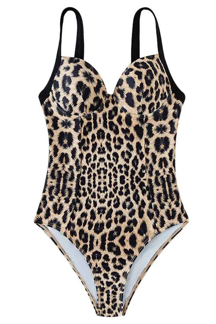 Leopard print swimsuit with black straps 