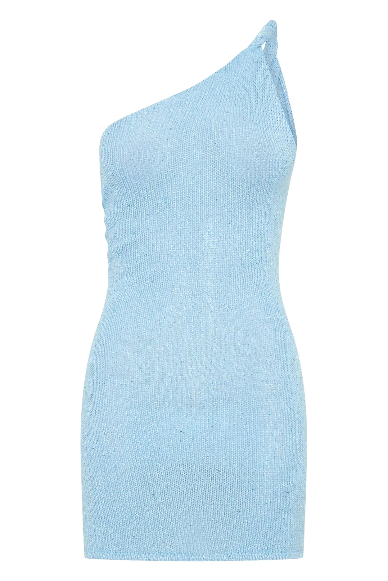 Light blue one-shoulder dress on a white background