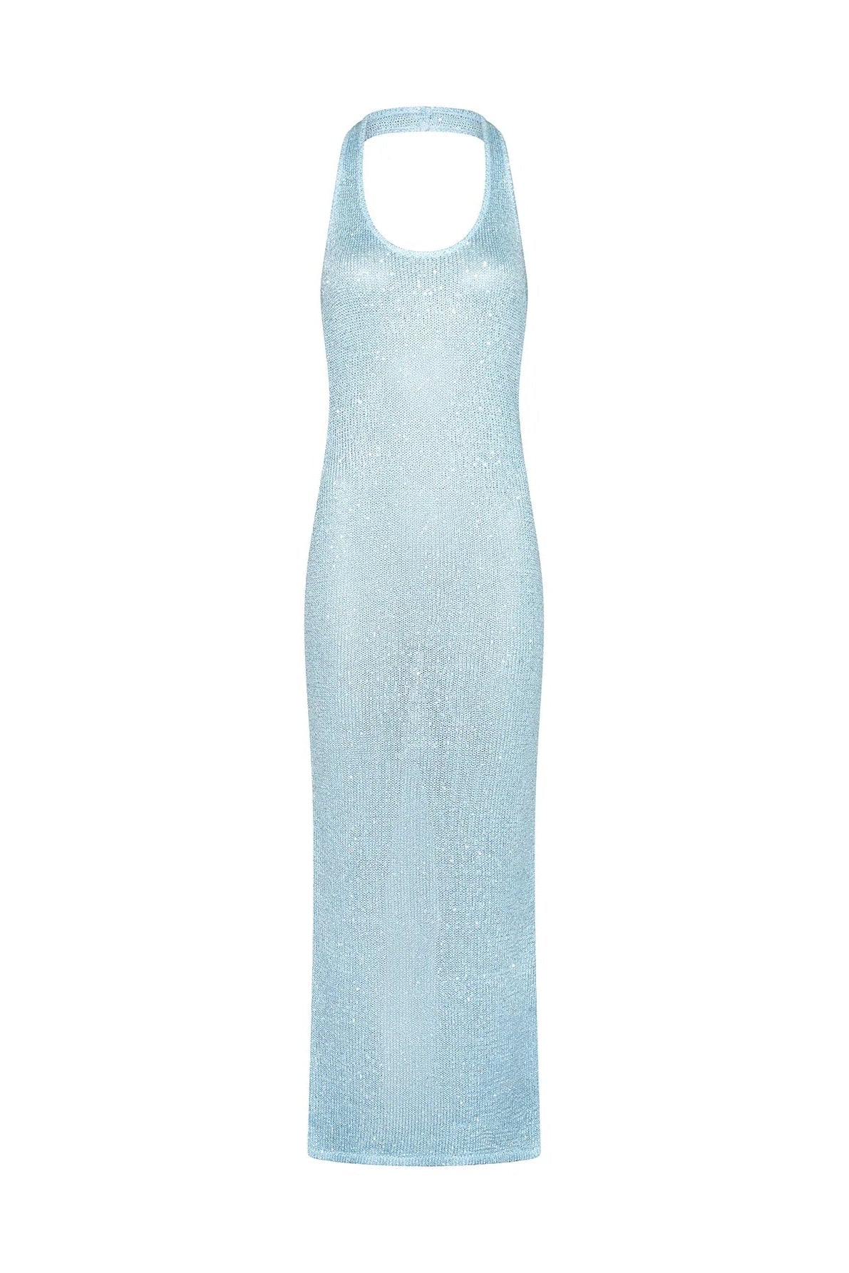 Light blue sleeveless cover up dress on a white background
