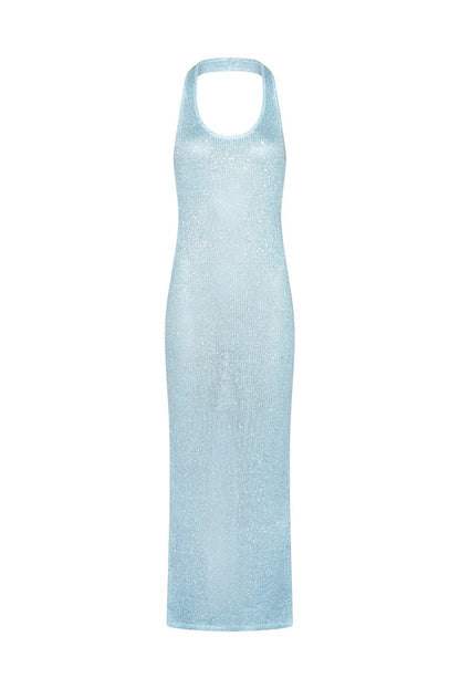 Light blue sleeveless cover up dress on a white background