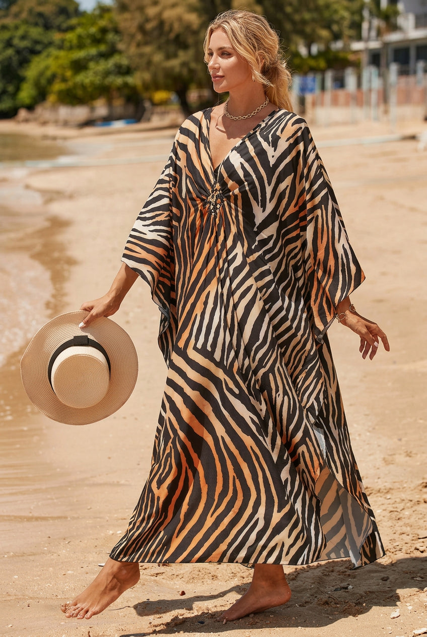 Lightweight Maxi Kaftan Beach Cover-Up for Women - Brown Zebra