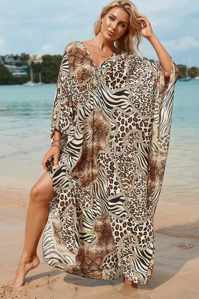 Lightweight Maxi Kaftan Beach Cover-Up for Women - Floral Leopard