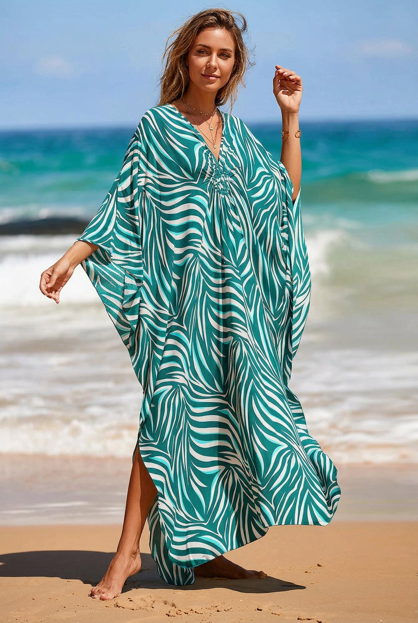 Lightweight Maxi Kaftan Beach Cover-Up for Women - Teal Stripe