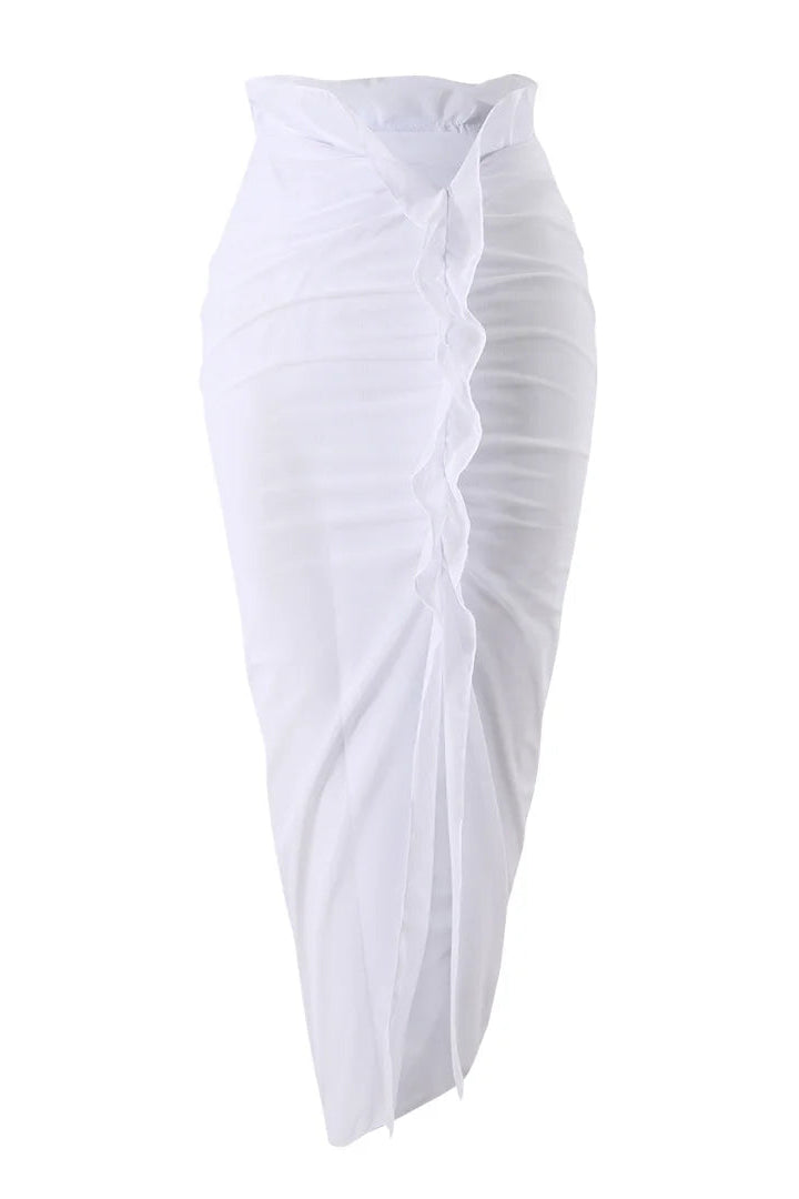 Lightweight sheer mesh skirt features a dramatic middle front slit for flowy movement