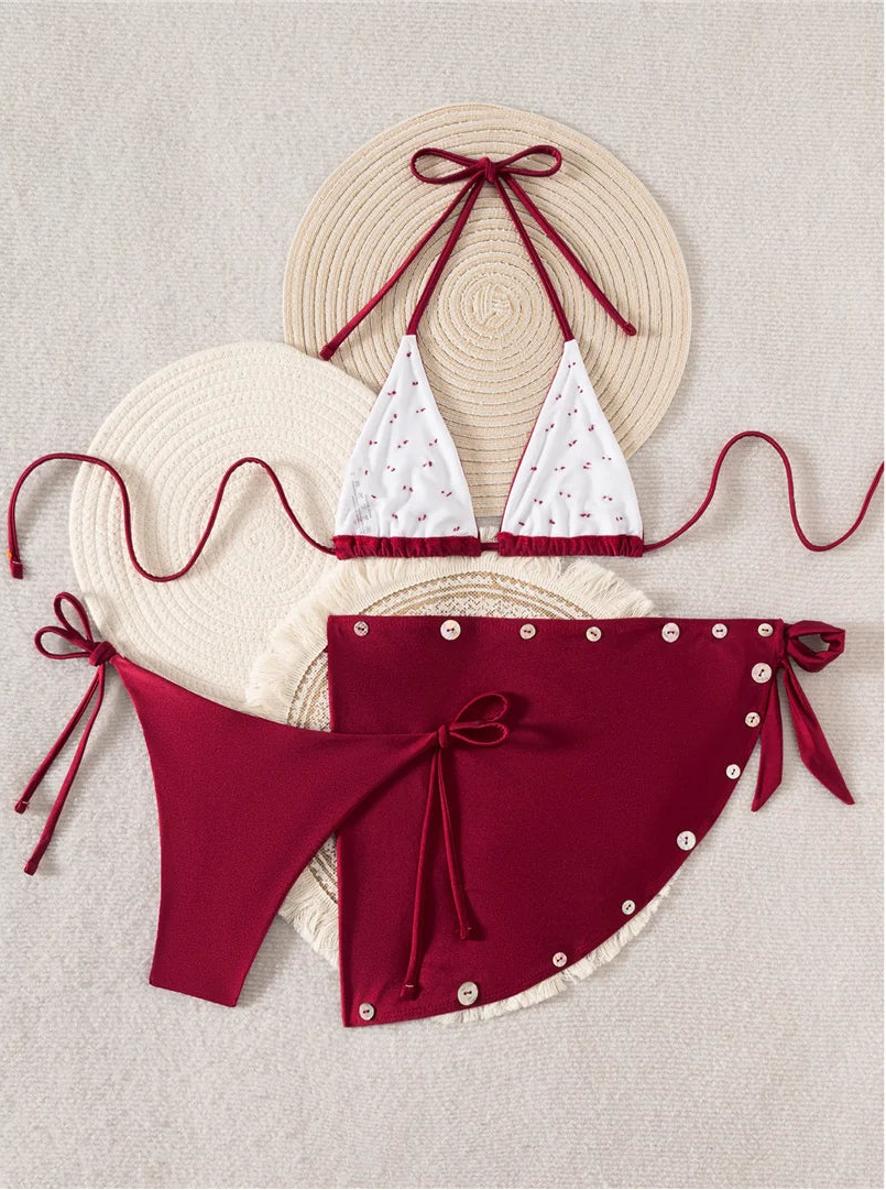 Maroon triangle top halter bikini set with matchinh sarong