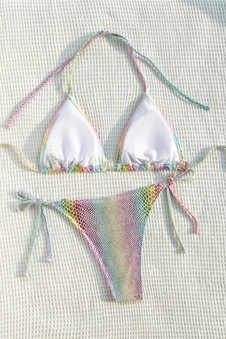 Multicolored bikini padded lace up and halter neck