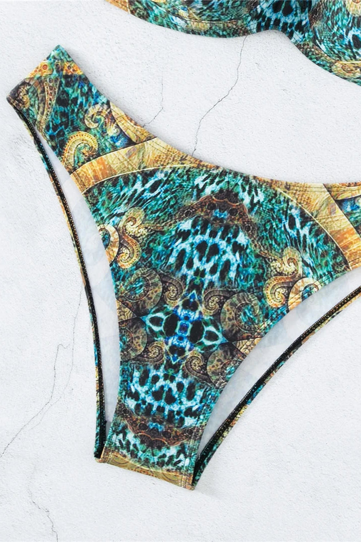 Multicolored patterned bikini set on a white background