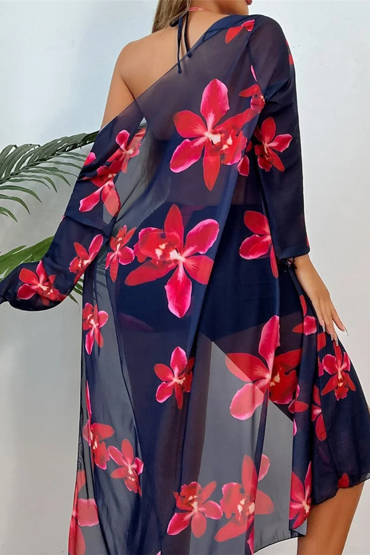 Navy blue cover up with pink floral pattern