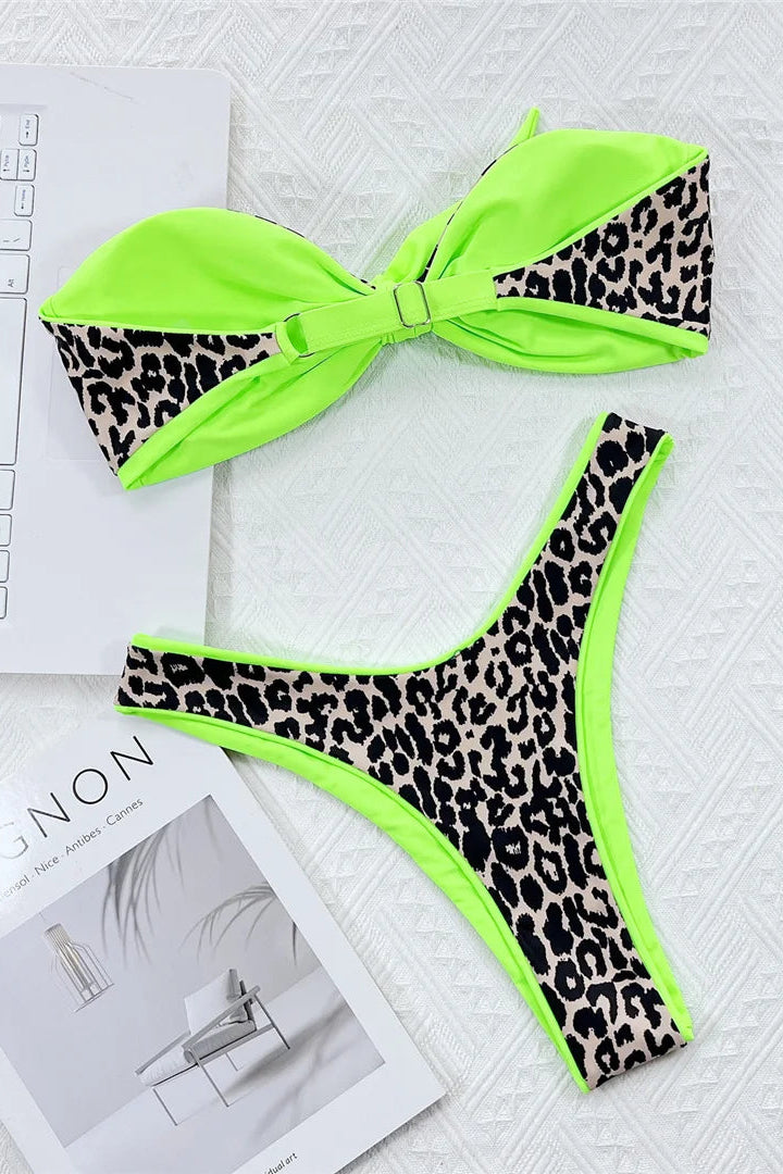 Neon green and leopard print bikini set