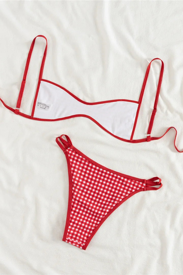 Non padded lace up back red plaid bikini set