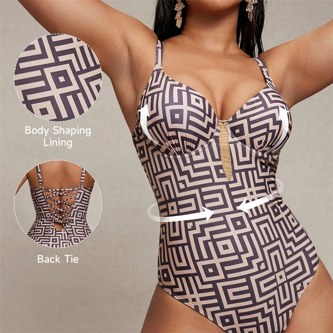 One-piece swimsuit with geometric pattern, body shaping lining, and back tie feature