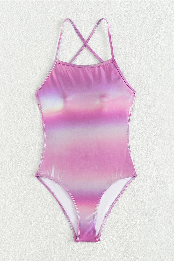 One-piece swimsuit with pink and purple gradient 