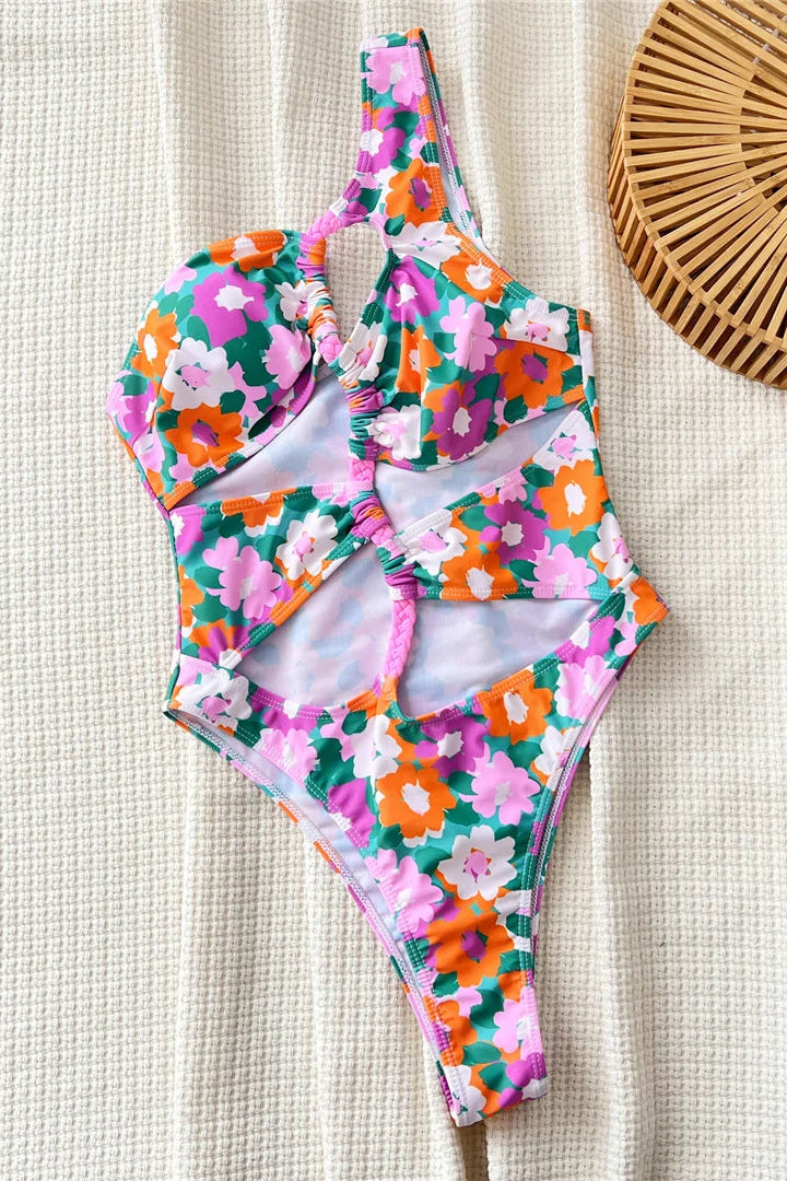 One shoulder asymmetric one piece floral print monokini