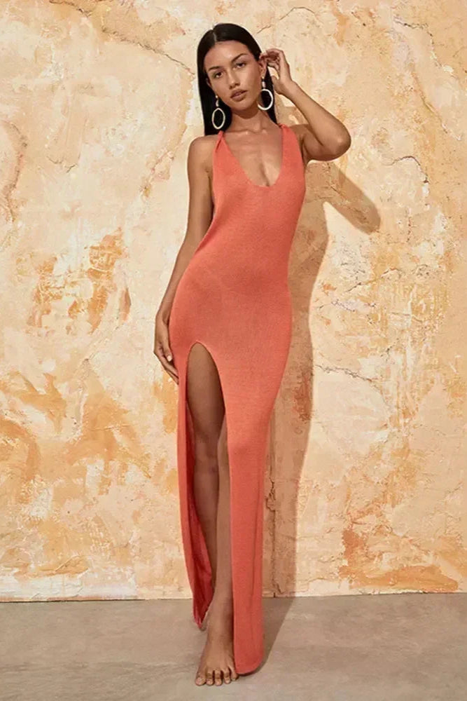 Orange Knit Maxi Dress Beach Cover-Up 