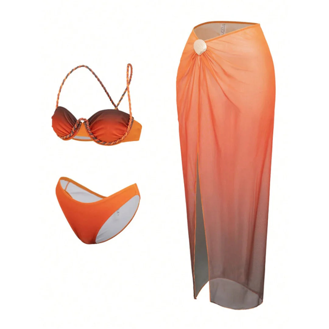 Orange cross back underwire bikini set with matching sarong 