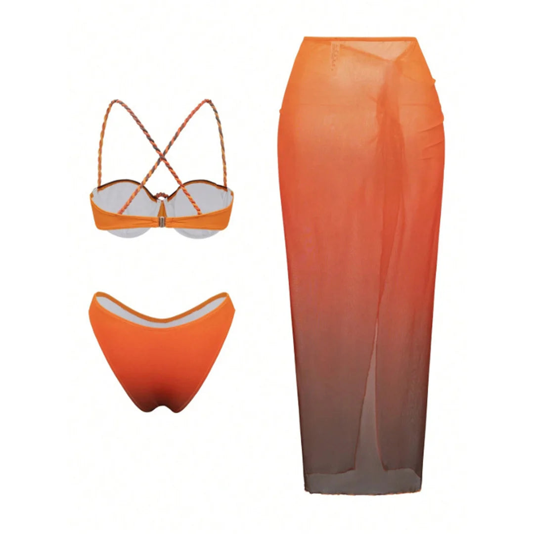 Orange cross back underwire padded bikini set with matching sarong