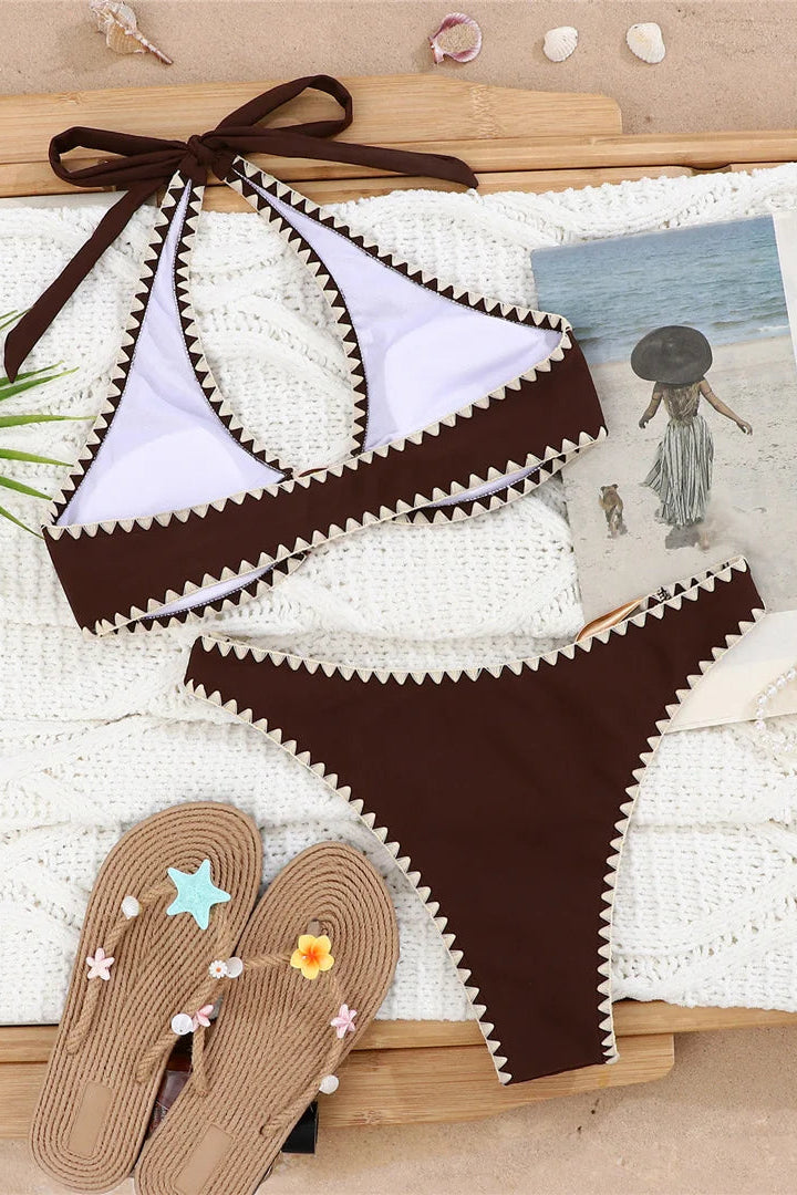 Padded halter neck Brown bikini set with white trim 