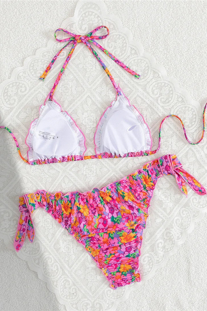 Padded halter neck pink floral bikini set