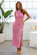 Pink Crochet Cut-Out Deep V Knit Beach Cover Up Dress