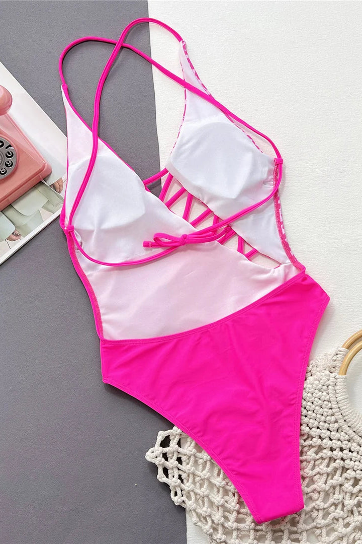 Pink ace up front cross back padded monokini
