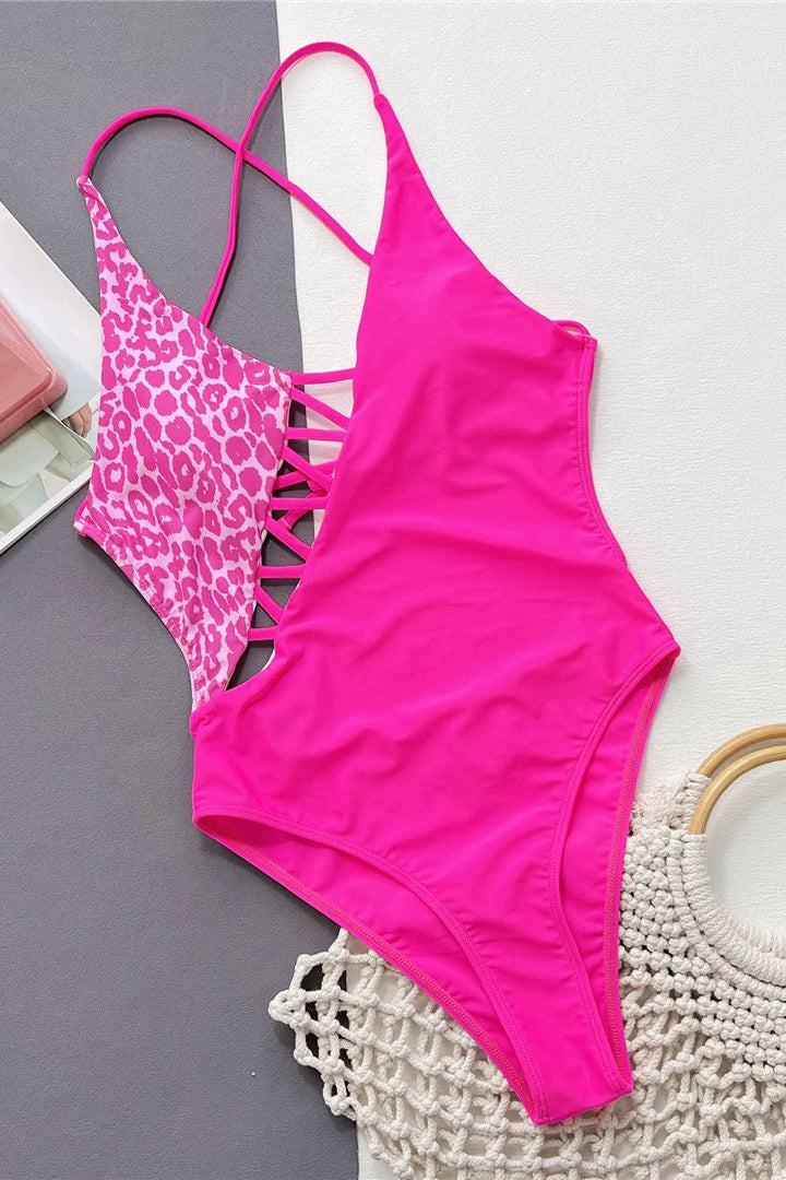 Pink leopard print cross back swimsuit monokini