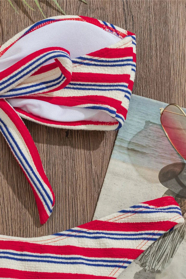 Red and white striped padded polyester bandeau bikini set