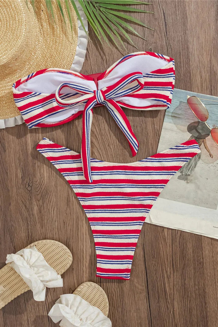 Red and white striped padded polyester bandeau bikini set for Women 