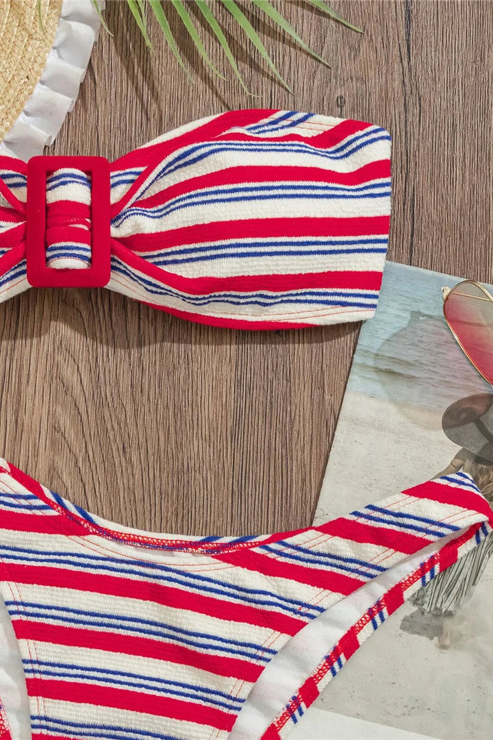 Red and white striped padded polyester bandeau bikini set for Women by Dcostaa Beautiful Inside