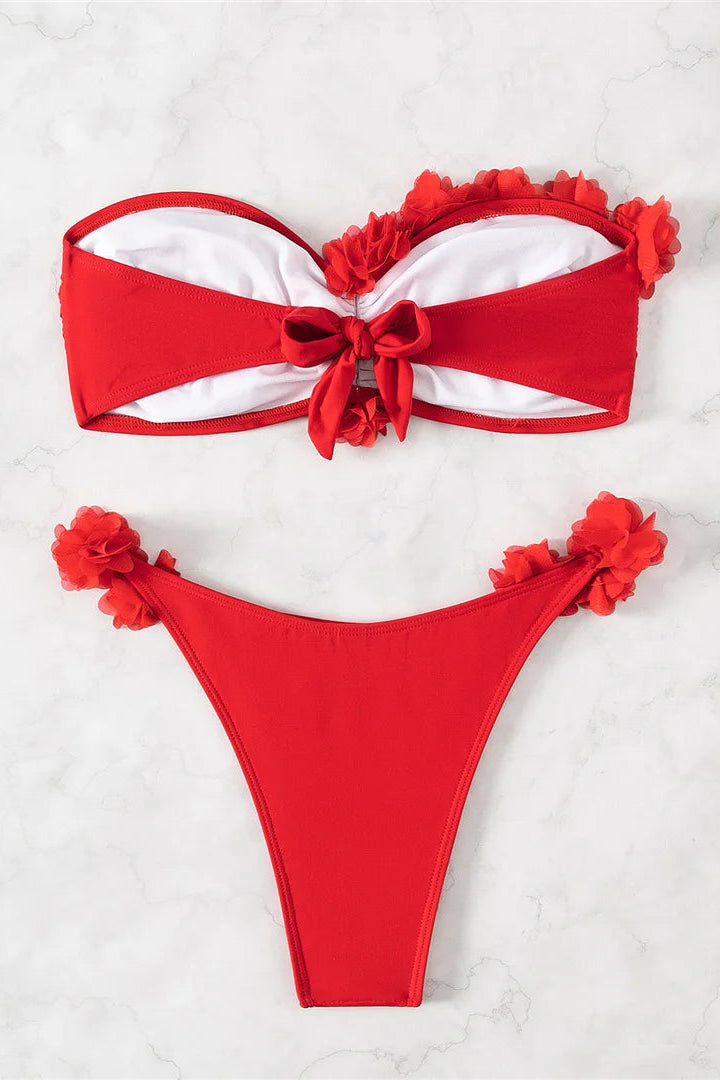 Red bikini set with 3D floral details 