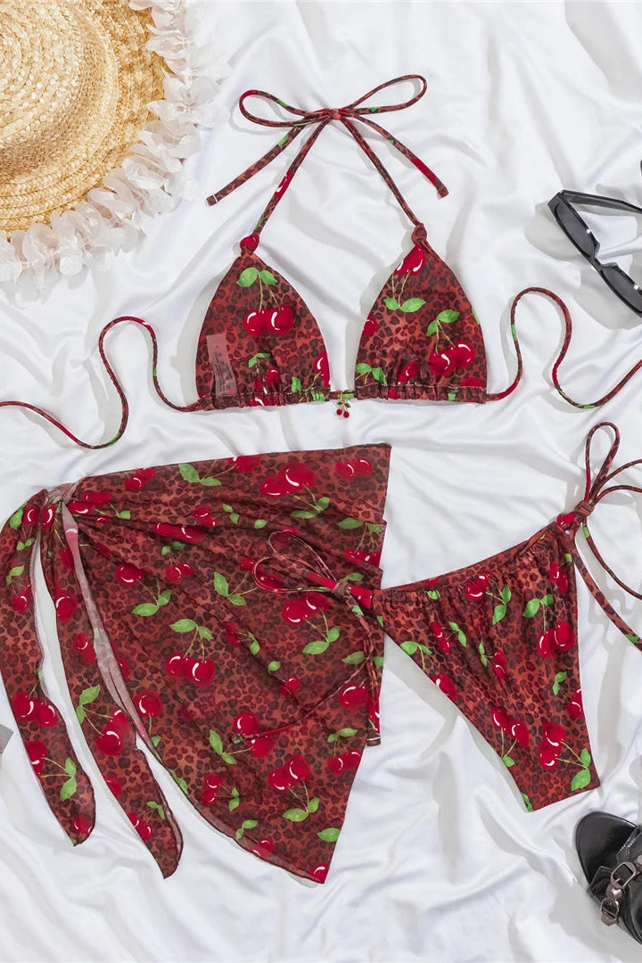 Red bikini set with cherry pattern Wire-free bikini top with padding