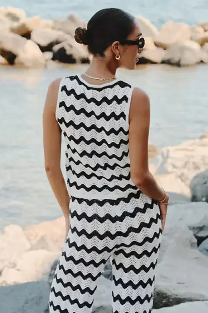Wave Striped Knit 2-Piece Set Swimsuit Cover-Up Outfit