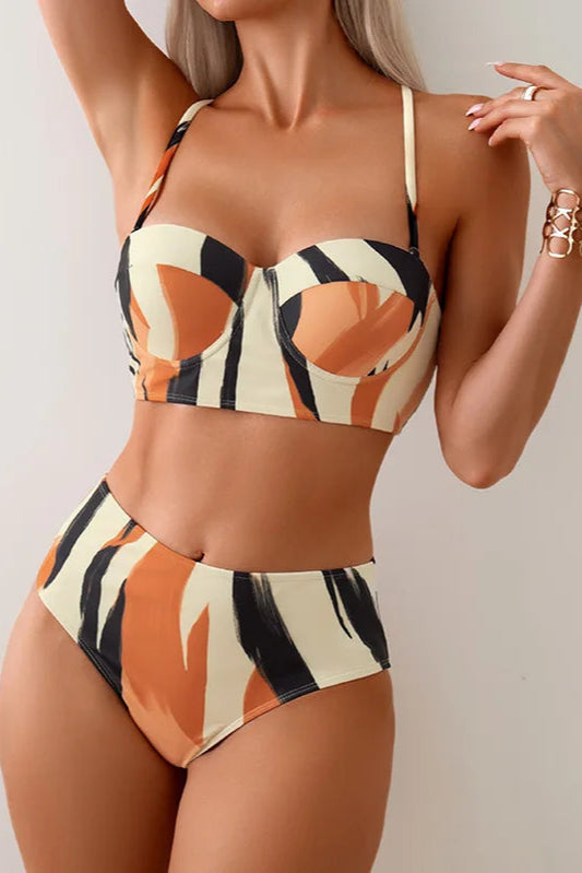 Bold Prints & Curves – High-Waisted Two-Piece Cross Back Swim Set