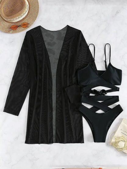 Black 3-Piece High-Waist Bikini Set with Long Sleeve Beach Cover-Up Bandage Swimwear