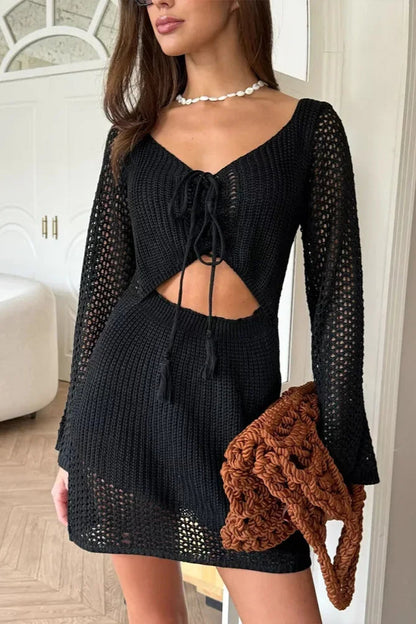 Summer Holiday Knit Dress – Cut-Out V-Neck Beach Cover-Up