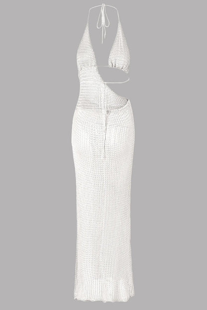 Slim Knit Halter Maxi Dress – Low-Cut Beach Cover-Up with Cut-Out & Circle Detail