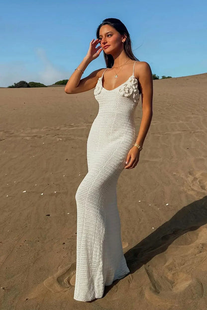Elegant Knit Cut-Out Beach Maxi Dress – Spaghetti Strap V-Neck Floral Summer Outfit