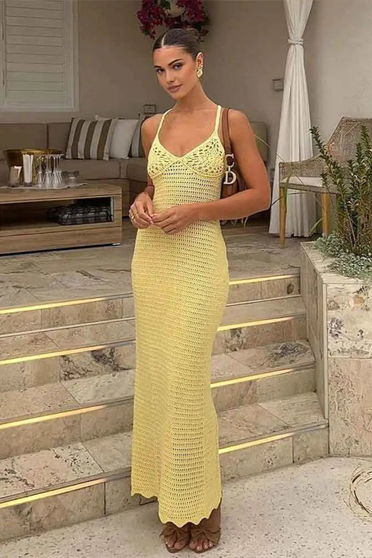 Solid Knit Cut-Out Beach Maxi Dress – Summer V-Neck Spaghetti Strap Cover-Up