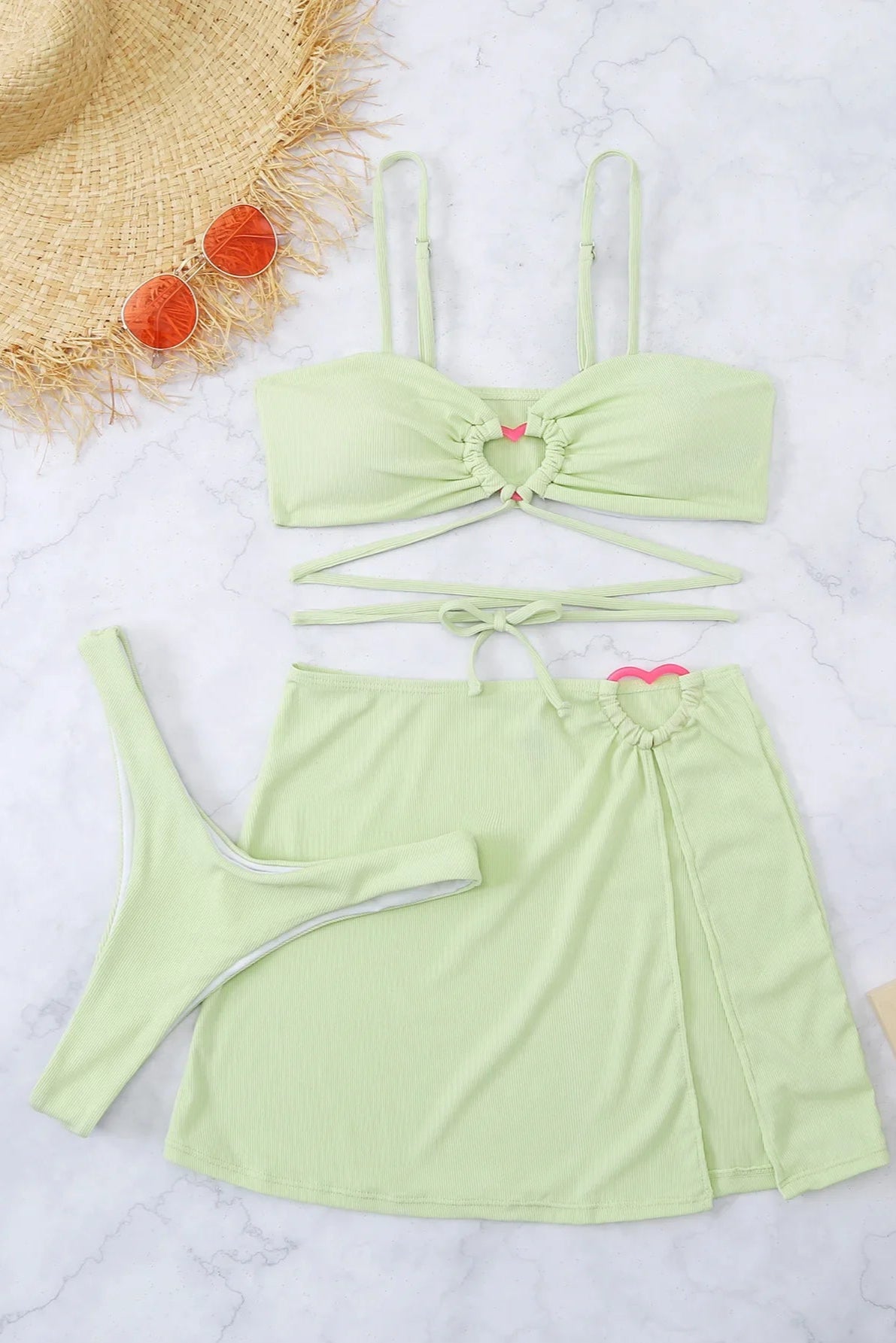 3-Piece Ribbed Swimwear with Skirt Coverup - Green