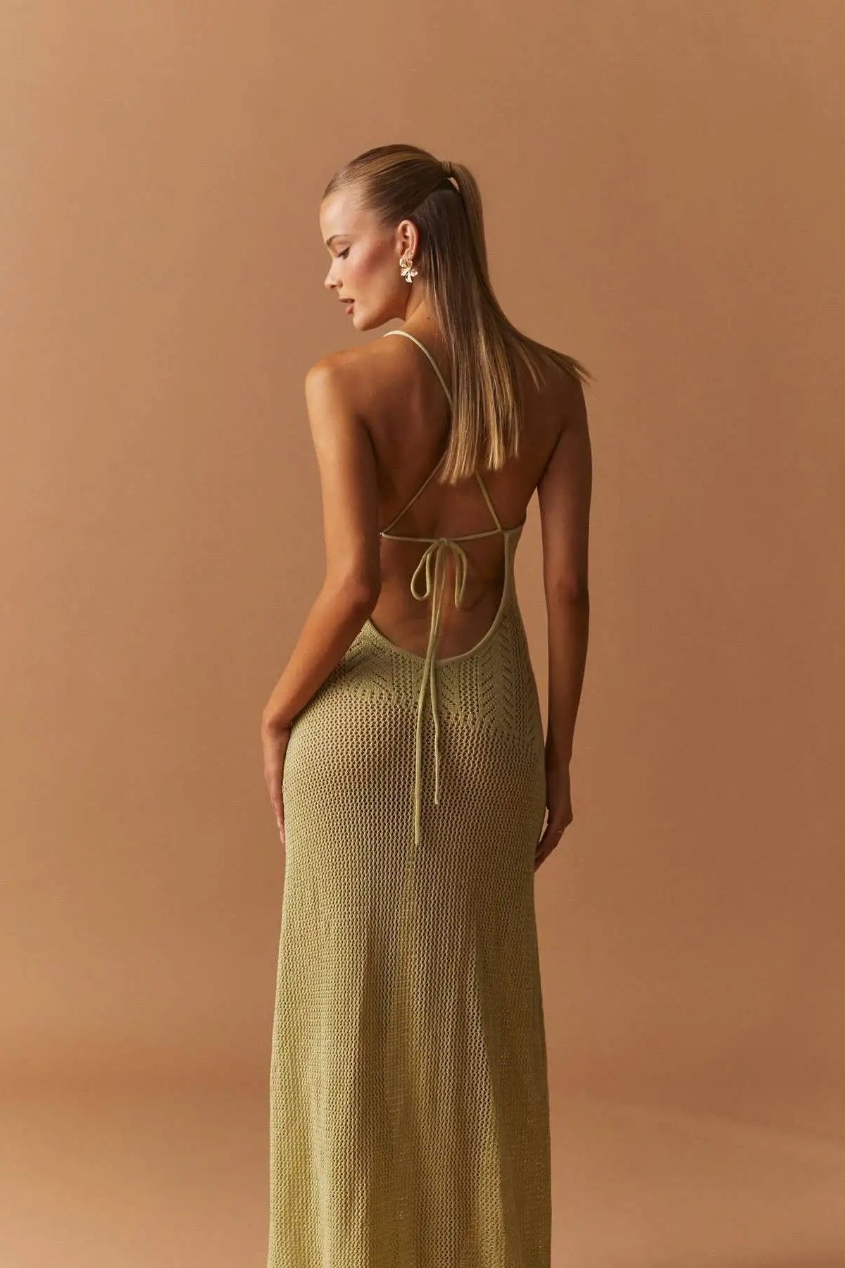 Sexy Knitted Floral Cut-Out Backless Beach Maxi Dress for Women - Green