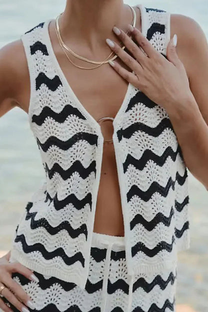 Wave Striped Knit 2-Piece Set Swimsuit Cover-Up Outfit