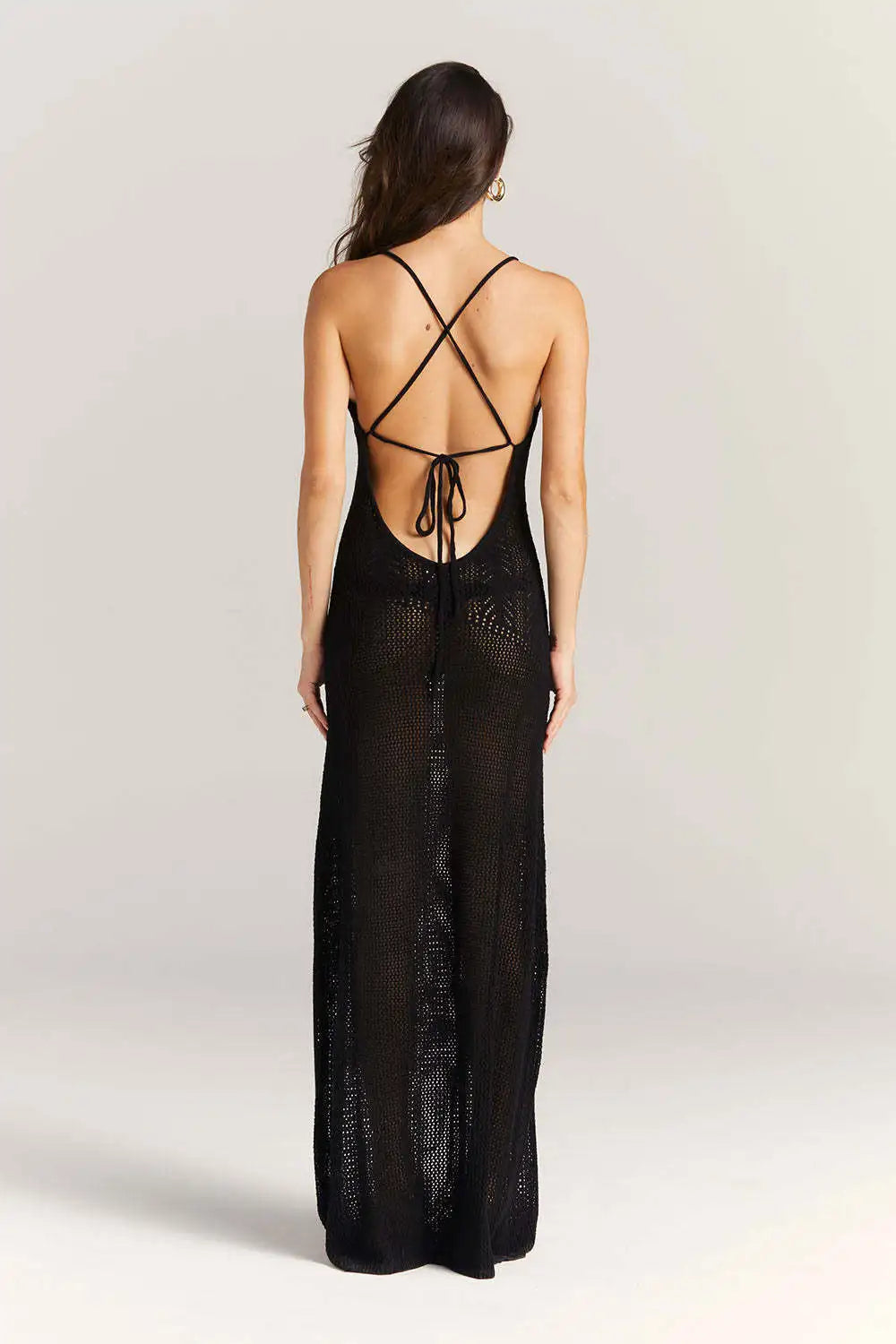 Sexy Knitted Floral Cut-Out Backless Beach Maxi Dress for Women - Black