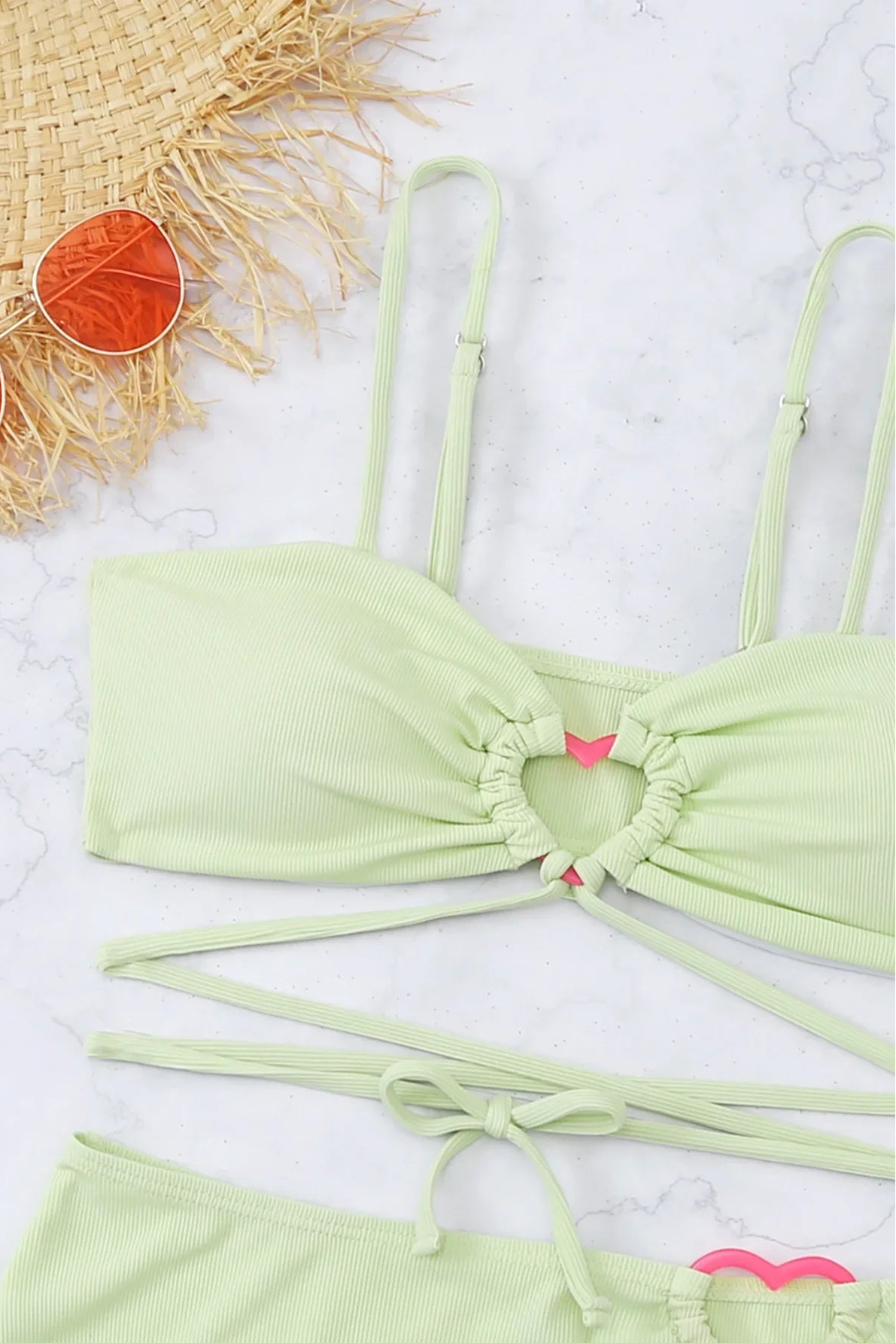 3-Piece Ribbed Swimwear with Skirt Coverup - Green