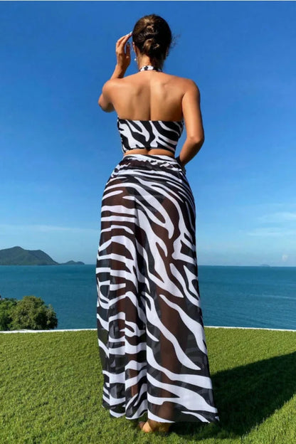 Zebra Floral Thong Bikini & Wrap Skirt Set