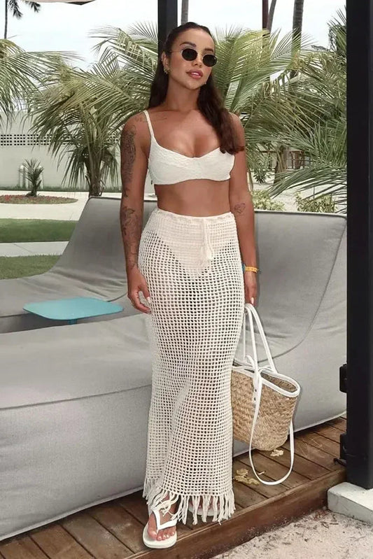 Chic Summer Knit Cut-Out Wrap Skirt – Fringed, Drawstring Cover-Up