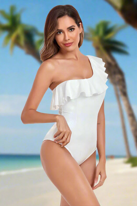 White Ruffle One Shoulder One Piece Swimsuit Monokini Beachwear Bathing Suit