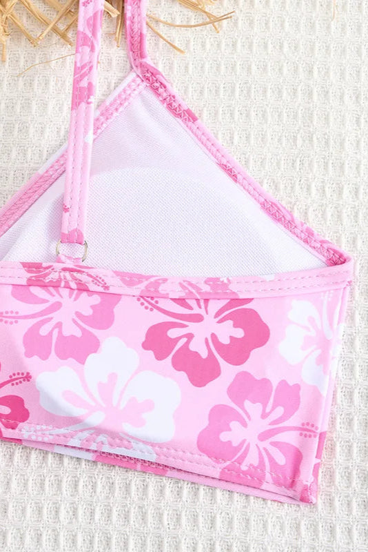 Pink Floral Cut-Out Bikini Set – Mid Waist Two-Piece Swimwear