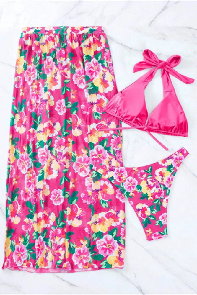 3-Piece Micro Bikini Set with Floral Beach Skirt Cover-Up