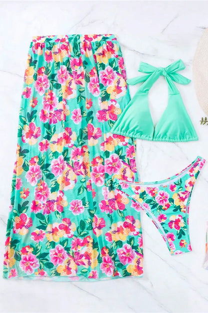 3-Piece Micro Bikini Set with Floral Beach Skirt Cover-Up